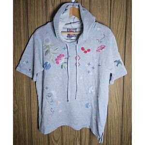 Johnny Was Cleo Short Sleeve French Terry Hoodie Size Medium Grey Embroidered